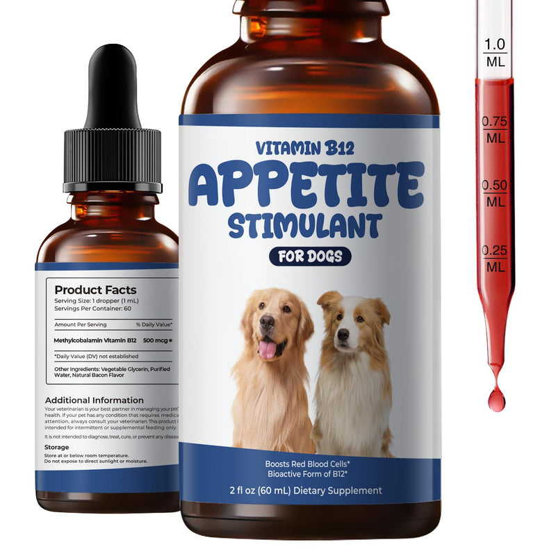Liquid Vitamin B12 Appetite Stimulant for Dogs, Methylcobalamin Supplement | Methylcobalamin (Methyl B12) Drops to Boost Appetite, Energy, Mood & Recovery, Bacon Flavor Dog Supplement, 2 fl oz
