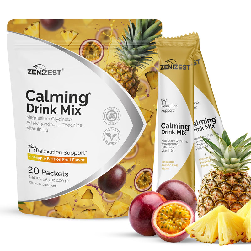 Calming Drink Mix Powder - Natural Cortisol Balance Calm | Sleep Stress Support with Magnesium Glycinate Ashwagandha L-Theanine Vitamin D3 - Pineapple Passion Fruit Flavor 20 Packets 3.53 Ounce (Pack of 1)