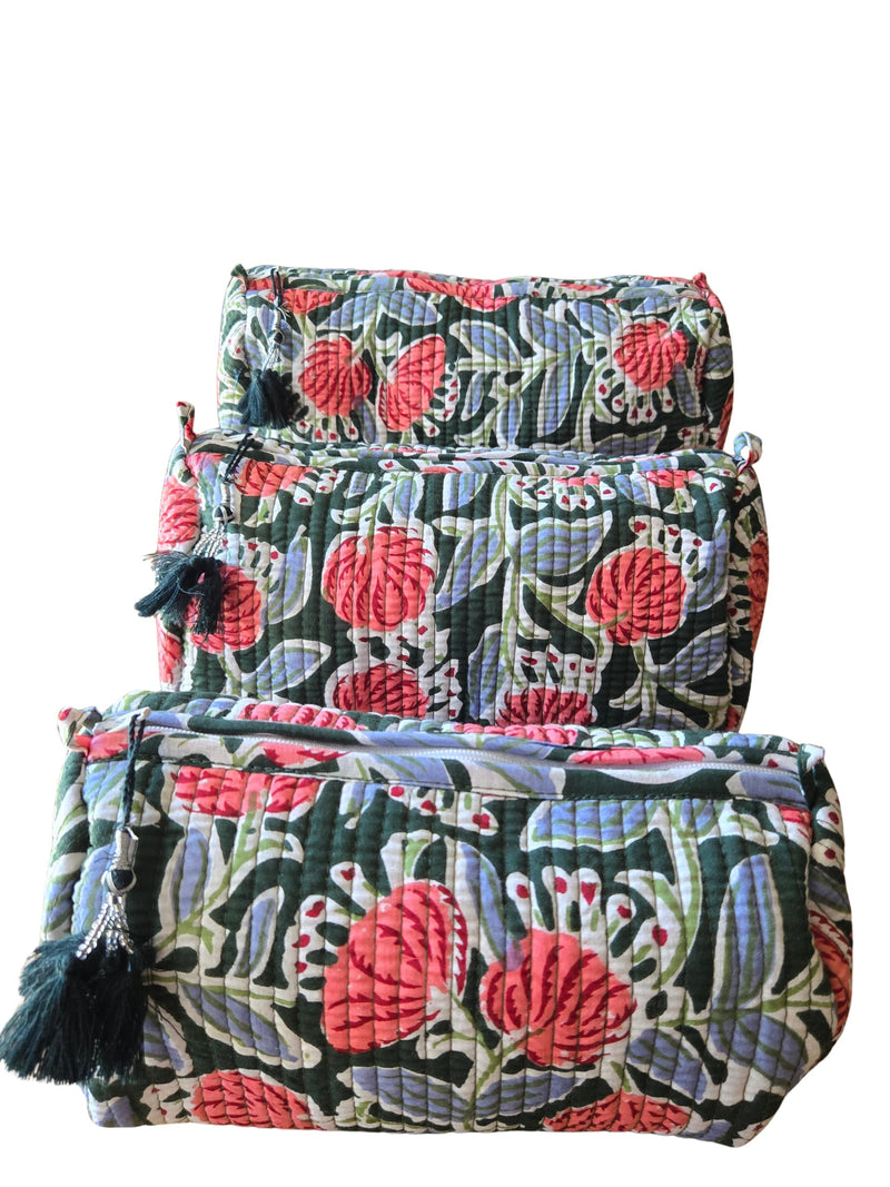 Saarva Global Travel Toiletry Pouch Set, Forest Green Floral, Cotton, Floral Pattern, Zipper, 9x4x7 Inches, 0.5 Pounds, Reusable