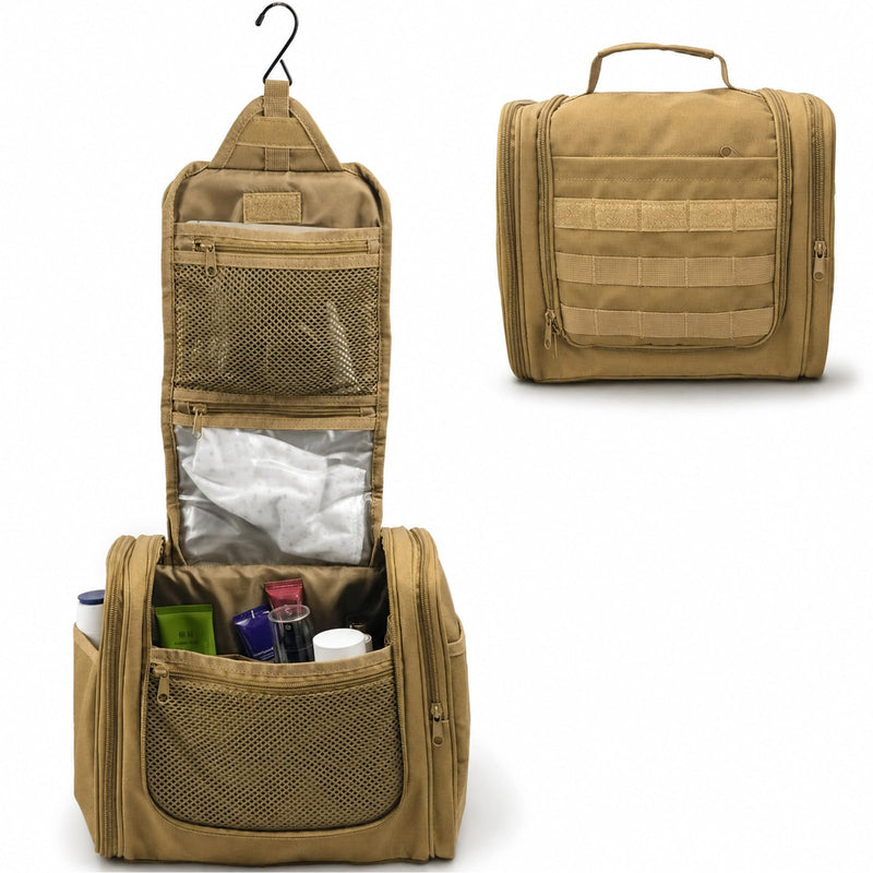 Hanging Toiletry Bag for Men, Mens Travel Toiletry Bag Dopp Kit with Hook | Large Tactical Toiletry Bag,Dry & Wet Pockets,Shower Bag for Toiletries,Travel Hygiene Shaving Bathroom Organizer Bag Khaki