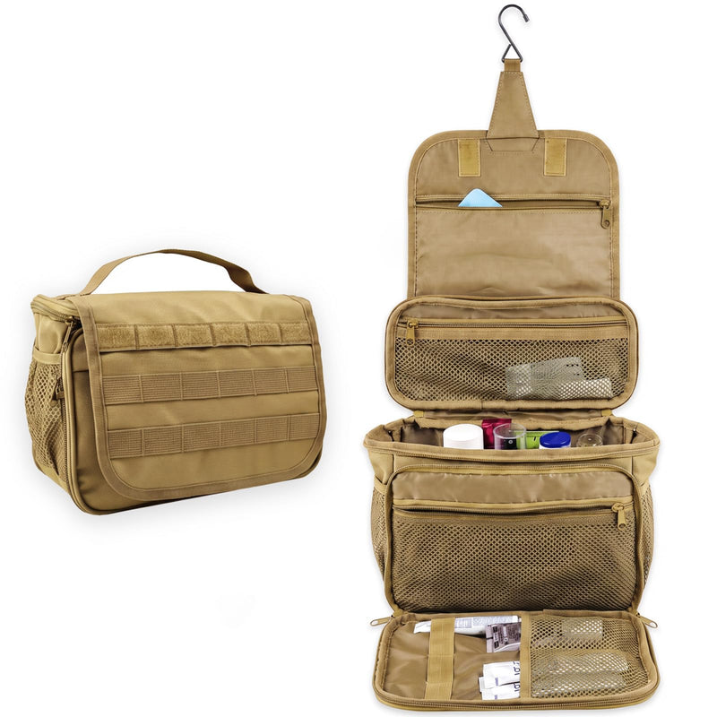Hanging Toiletry Bag for Men,Tactical Travel Toiletry Bag,Large Toiletries Dopp Kit with Dry Wet Separation,Shaving Hygiene Shower Bathroom Organizer Bag for Travel Camping Trip - Khaki