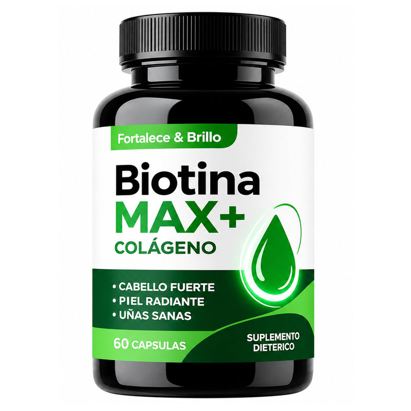 Biotina Max Colageno, Biotin and Collagen Supplements with Biotina B7 & Vitamins, Biotin for Hair Growth Women, Improve Skin and Nails, 60 Capsules Green
