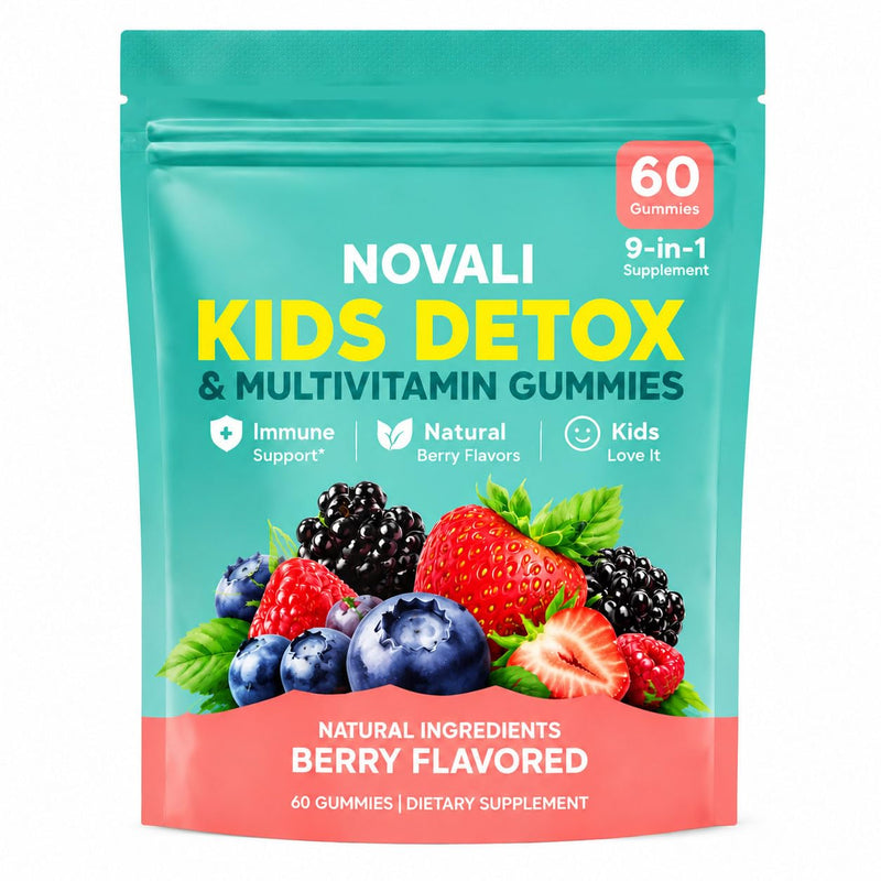 Novali - Kids Detox & Multivitamin Gummies, 9-in-1 with Zeolite, Omega-3, Magnesium, Elderberry, Vitamin D3, Vitamin C, Milk Thistle, Zinc,B12, 60 Gummies