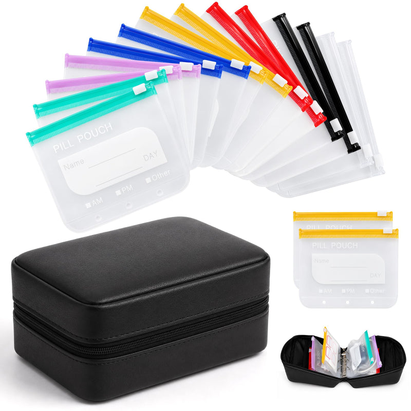 Waterproof Pill Organizer Set, 14 Pouches, Travel Storage Case (Black) | 14 Color-Coded Pouches, Waterproof PU Shell Leakproof Zippered Case, Lightweight for Daily Vitamins & Supplements