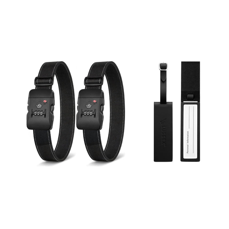 LUGGEX Luggage Straps TSA Approved+Leather Luggage Tag 1 Pack, Travel Essentials Kit (Black)