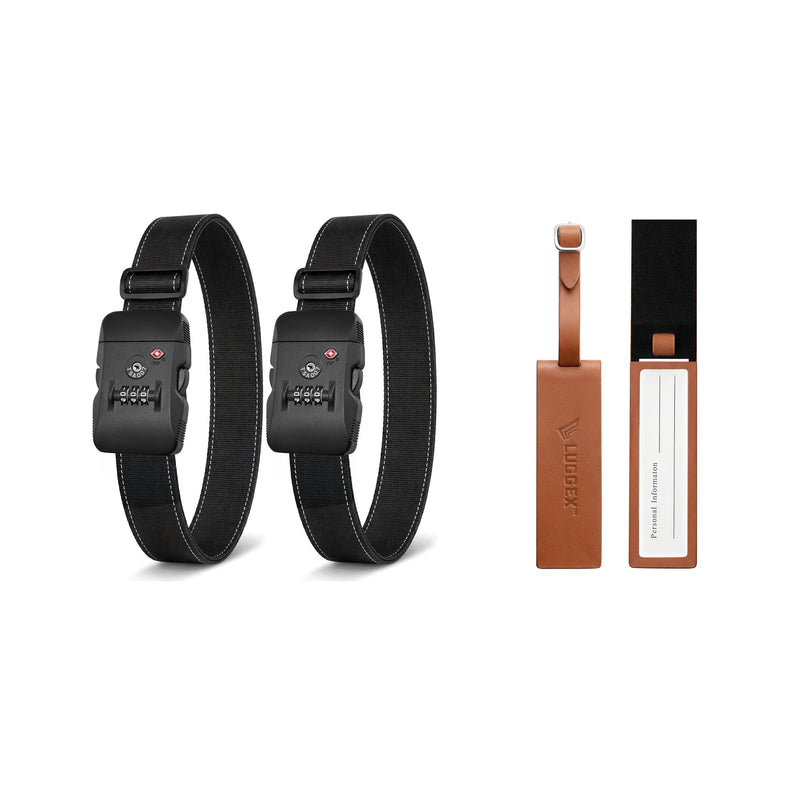 LUGGEX Luggage Straps TSA Approved+Leather Luggage Tag 1 Pack, Travel Essentials Kit (Black&Brown)