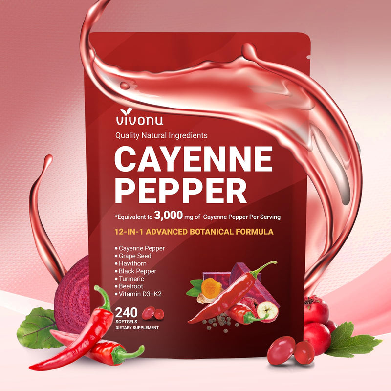 VivoNu 12-in-1 Cayenne Pepper Softgels Supplement, 240 Capsules | Supports* Leg Vein, Heart & Blood Vessel Health; Vitamin E, D3+K2, Grape Seed, Hawthorn, Beetroot & Berberine 1 Bag