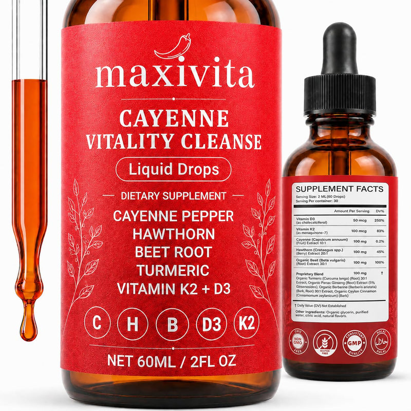 Cayenne Pepper Drops with Hawthorn, Beet Root, Turmeric, Vitamin D3 & K2, Panax Ginseng, Berberine & Ceylon Cinnamon, Liquid Dietary Supplement, 2 Fl Oz, 30 Servings 1