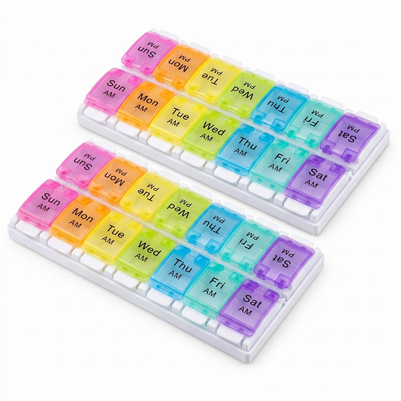 2 Pack Weekly Pill Organizer for Seven Day, Medicine Dispenser Daily Vitamin Container Supplement Holder Moisture Proof Box, Portable Travel Case for Morning Evening Routine Secure Practical Planner 2 Pack