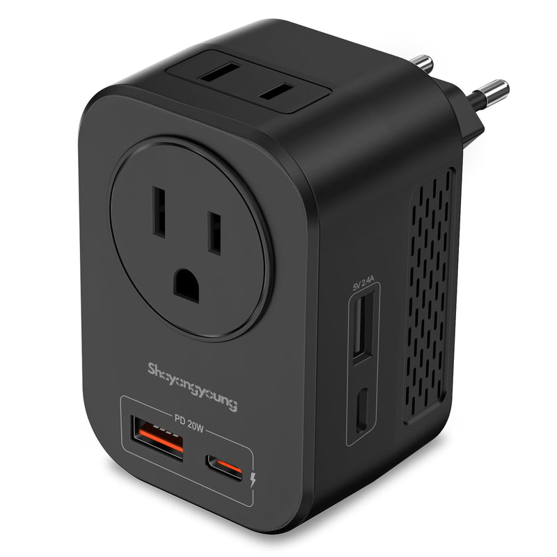 220V to 110V Voltage Converter US to Europe, Travel Adapter with PD 20W USB-C, 2 USB-A Ports, 2 US Outlets, Power Converter Plug for Spain Italy France Germany, Black-M