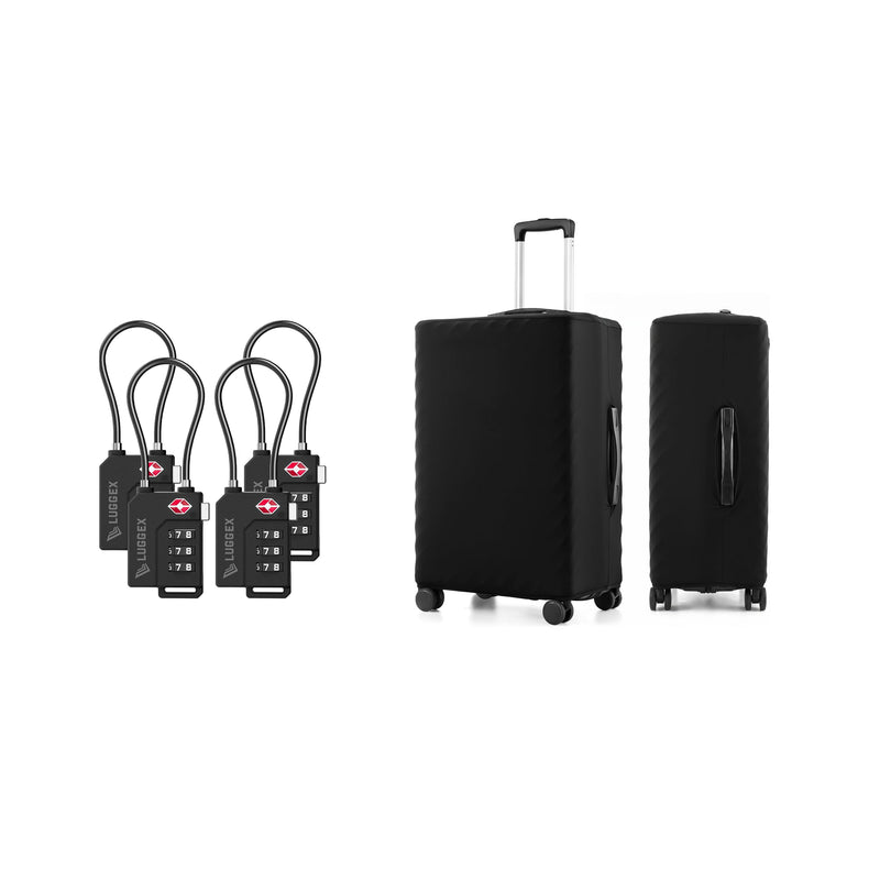 LUGGEX TSA Luggage Lock Bundle 4 Pack+Luggage Cover Protector for Suitcase 1 Pack, Travel Essentials Kit (Black)