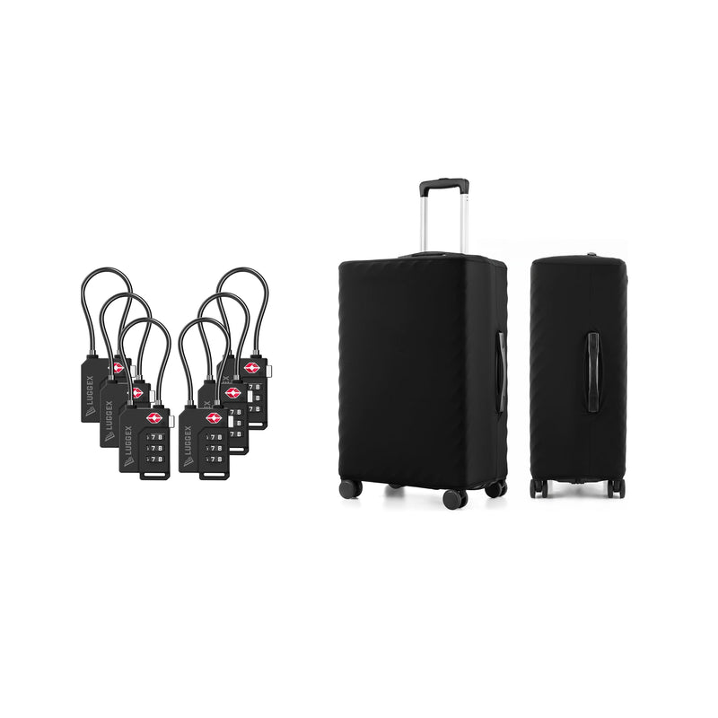 LUGGEX TSA Luggage Lock Bundle 6 Pack+Luggage Cover Protector for Suitcase 1 Pack, Travel Essentials Kit (Black)