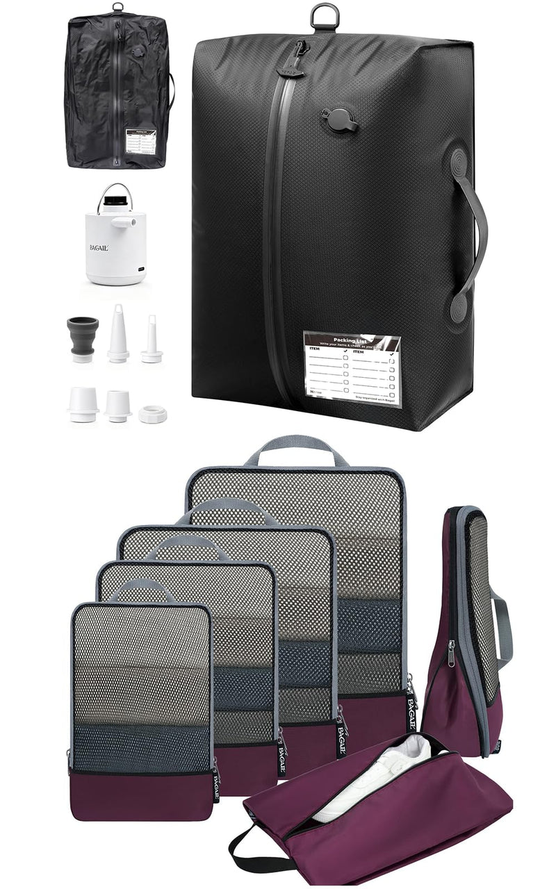 BAGAIL 6 Set Compression Packing Cubes and TPU Travel Vacuum Bags