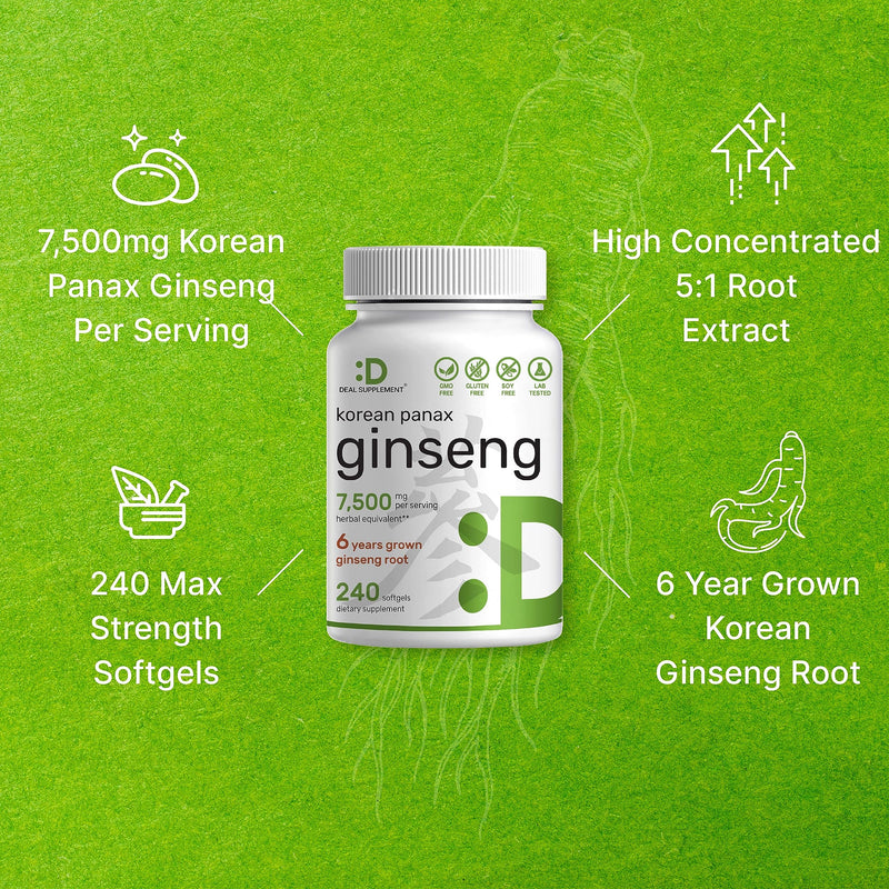 [Australia] - Korean Red Panax Ginseng Root Extract, 7,500mg Per Serving, 240 Softgels – 150mg Active Ginsenosides, 5:1 Max Strength Extract – Energy & Immune Health Supplement – Non-GMO 