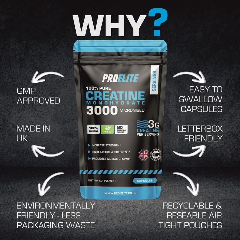 Creatine Capsules x 360 Vegan 3000mg of Unflavoured Creatine Monohydrate per Serving, NO FILLERS & Binders Micronised Pure Creatine Tablets Alternative by PROELITE 360 count (Pack of 1)