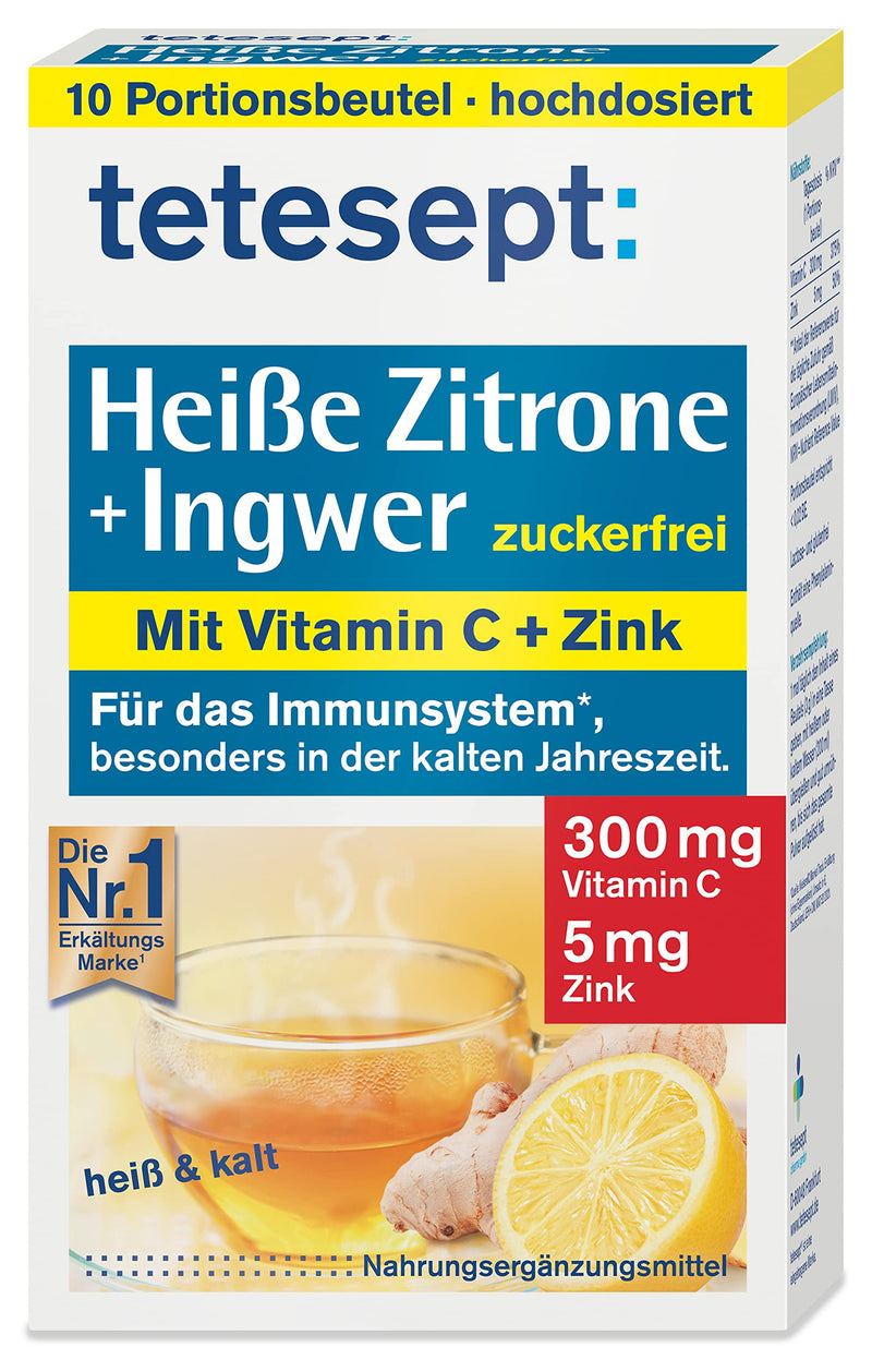 [Australia] - tetesept Hot Lemon with Ginger - Instant Powder, Sugar-Free with Zinc & Vitamin C - Supports Defenses and Immune System - 1 Pack of 10 Bags of 10 (Pack of 1) 