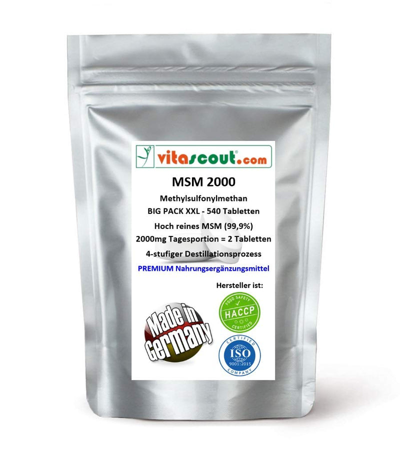 [Australia] - MSM - Methylsulfonylmethane - 540 tablets - 2000 mg daily portion (= 2 tablets) - 99.9% purity - LAB TESTED - MADE IN GERMANY - high dosage 540 pieces (pack of 1) 