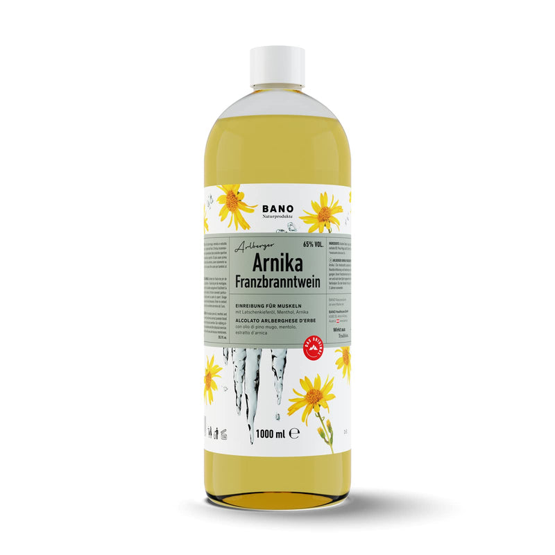 [Australia] - BANO Tyrolean Arnica rubbing alcohol 1000ml, ideal before and after exercise, as well as for sore muscles, for cooling heavy legs, contains 65% vol. Alcohol, mountain pine oil, menthol and arnica extract 1 l (pack of 1) 