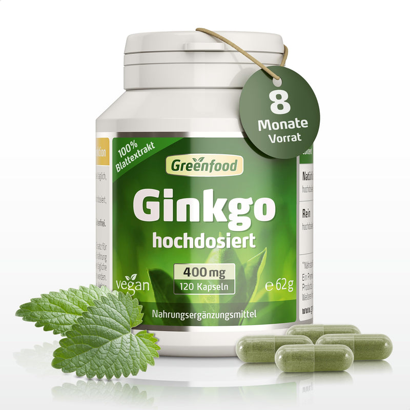 [Australia] - Ginkgo Biloba High Dose - 400mg pure leaf extract (120 vegan capsules) - with vitamin B (24% flavones) - Supports cognitive function and blood circulation - no additives, no genetic engineering - Greenfood 120 pieces (pack of 1) 