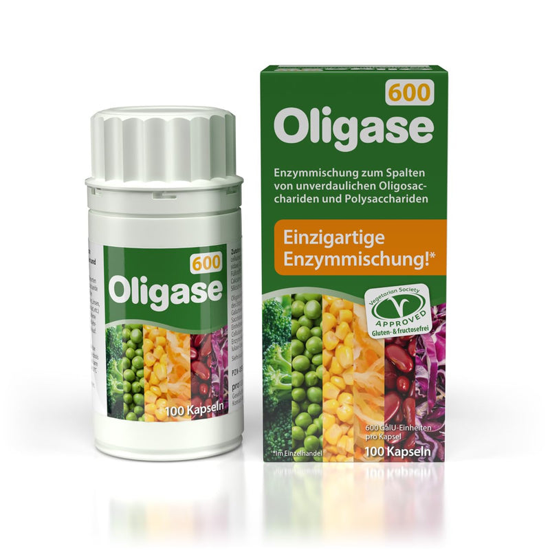[Australia] - Oligase 600, enzyme mixture for the digestion of flatulent carbohydrates, digestive enzymes to help with bloating and stomach pain, free of gluten and fructose, suitable for vegetarians, 100 capsules 