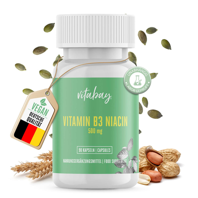 [Australia] - Vitabay Vitamin B3 Niacin 500 mg - 90 Vegan Flush Free Niacinamide Capsules - Vitamin B3 High Dose Niacinamide - Laboratory Tested & No Unwanted Additives 90 Pieces (Pack of 1) 