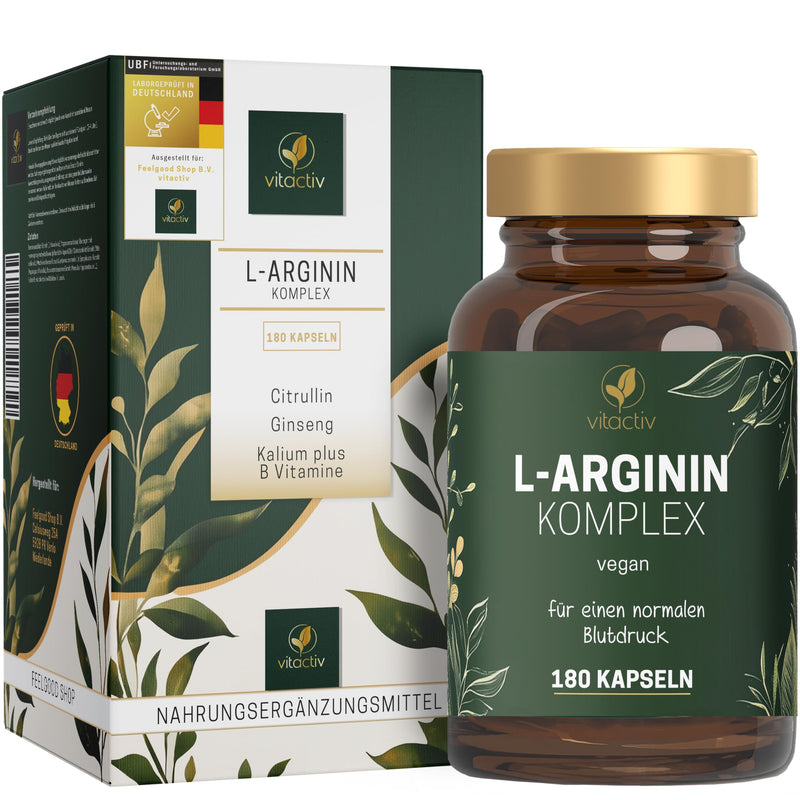 [Australia] - VITACTIV Arginine Complex - L-Arginine Capsules High Dose - With Citrulline, Ginseng, Potassium plus B Vitamins for Blood Pressure & Blood Formation - Vegan, Sugar-Free - Laboratory Tested, 180 Arginine Capsules 