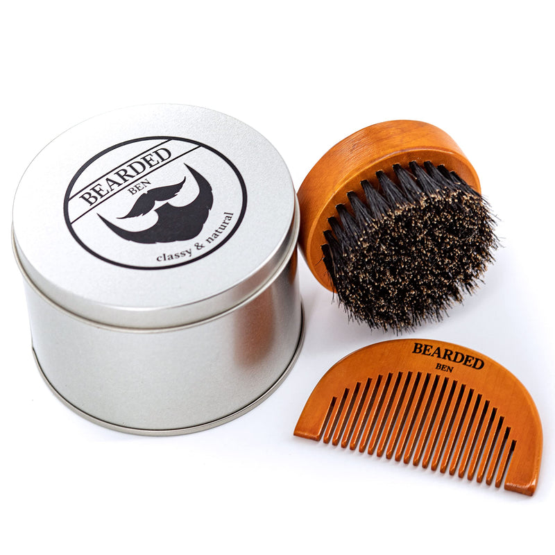 [Australia] - BEARDED BEN beard brush with wild boar bristles - beard care set for men including wooden beard brush and beard comb - beard brush kit for daily care teak brown 