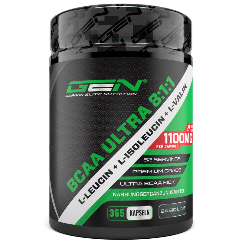 [Australia] - BCAA Ultra Caps - 365 capsules with high doses of 1100 mg per capsule - Premium: Powerful 8:1:1 ratio - Leucine, L-Isoleucine, L-Valine - Branched-chain essential amino acids 