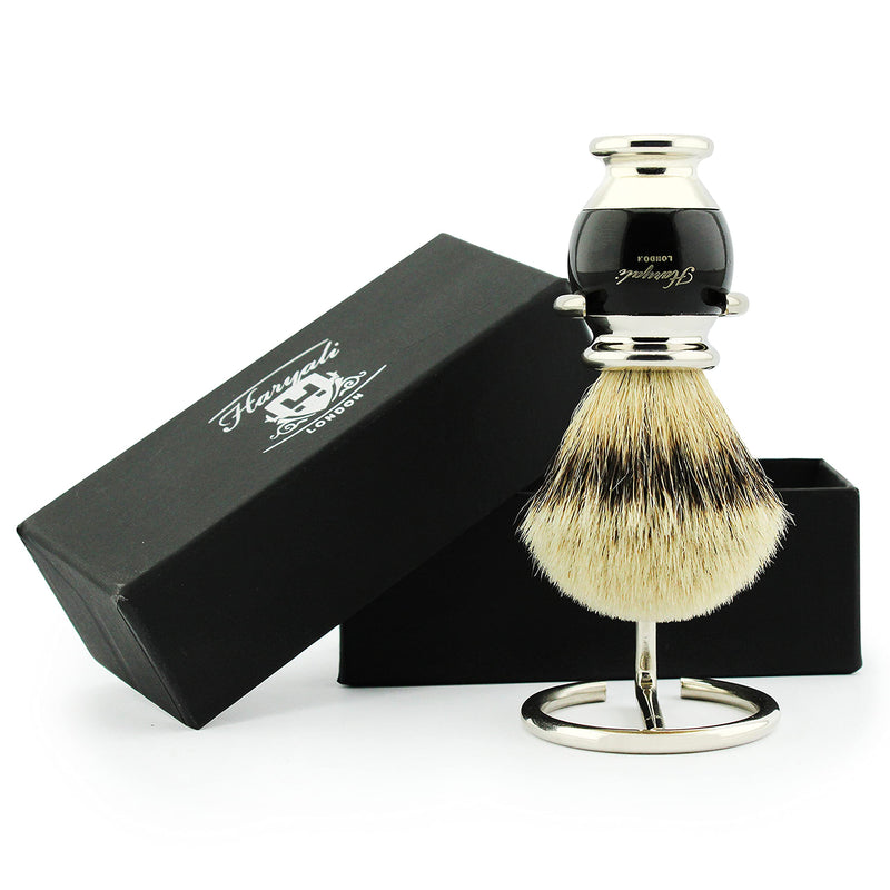 [Australia] - Haryali London Shaving Brush - Silvertip Badger Hair Shaving Brush - Black Metal Handle Shaving Brush - Stainless Steel Shaving Stand - Shaving Brush Holder 
