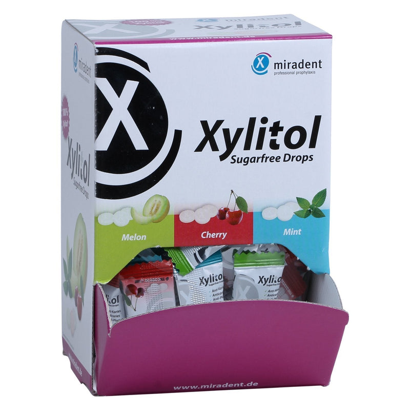 [Australia] - miradent Xylitol Drops bulk box 100 pieces | 3 flavors | vegan xylitol dental care lollipops for children & adults | without aspartame, sorbitol, lactose, titanium dioxide | sugar free 