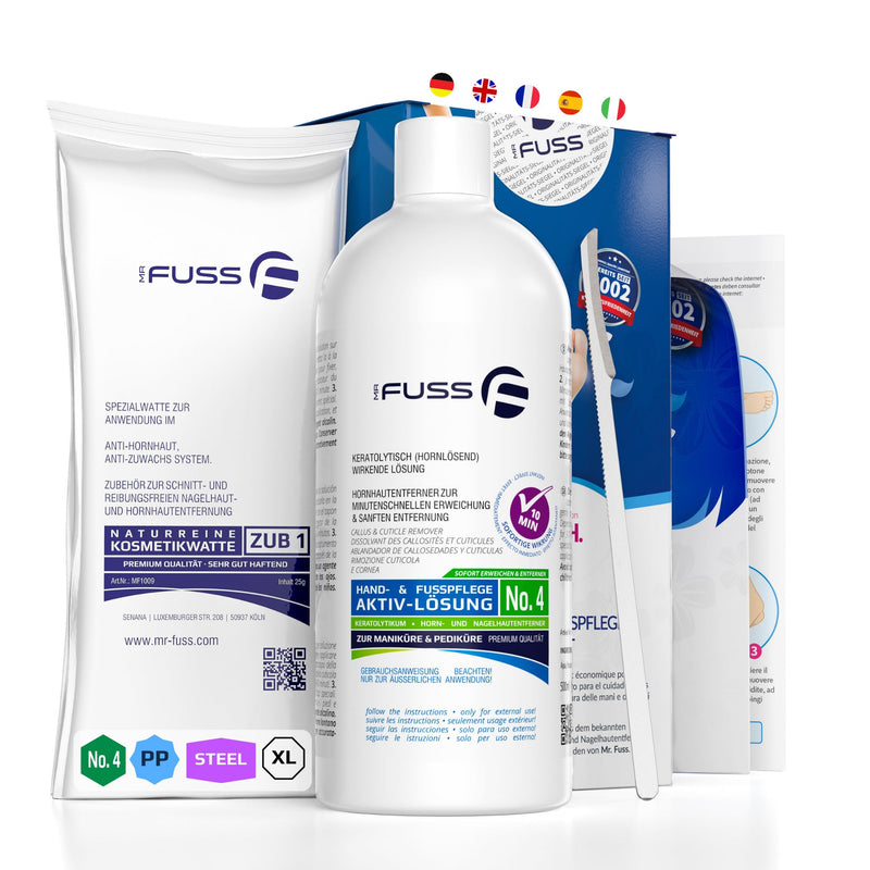[Australia] - Mr. Fuss® No. 4 - Plus Pack Steel - Large, Cuticle Callus Remover Economy Pack 3 Pieces Active Solution Quickly Softening - 500 ml, Cotton, Stainless Steel Scraper 1 Piece (Pack of 1) 