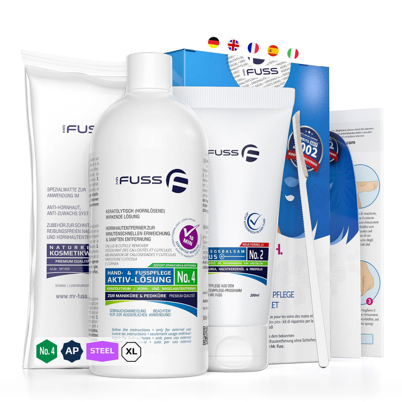 [Australia] - Mr. Fuss® No. 4 - Advanced Pack Steel - Large, cuticle callus remover economy package 4 pieces. Active solution, quick-softening - 500 ml, balm no. 2-200 ml, cotton wool, stainless steel scraper large 