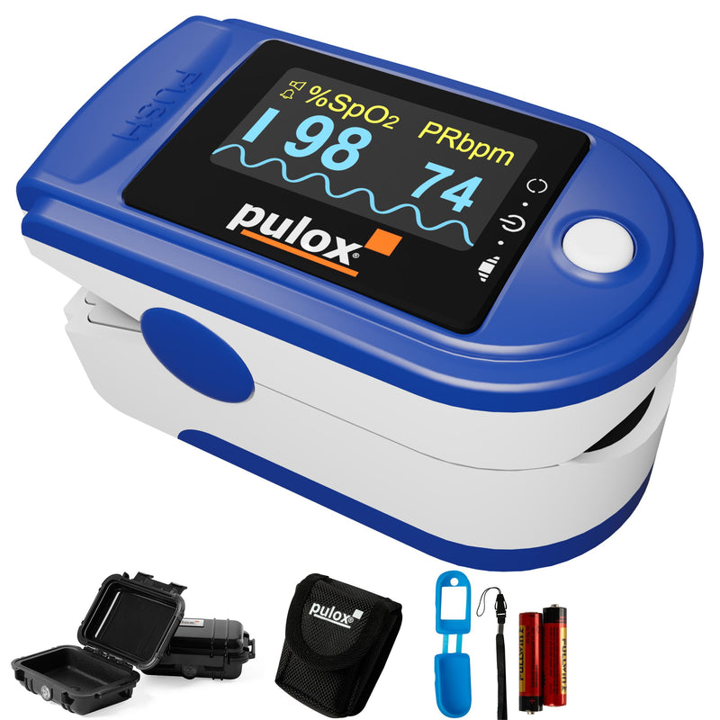 [Australia] - Pulse oximeter Pulox PO-200A with alarm, pulse tone and accessory set for measuring SpO2, pulse and PI - blue 