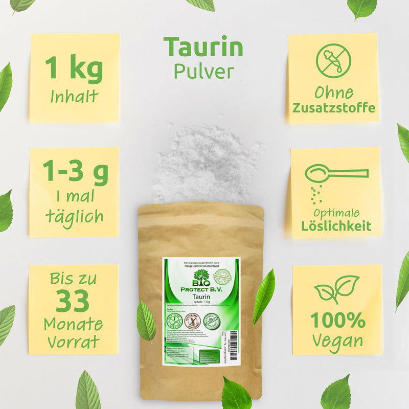 [Australia] - Taurine powder 1 kg 100% vegan and pure without additives! 1000g pure taurine without magnesium stearate - Bio Protect BV premium dietary supplement 