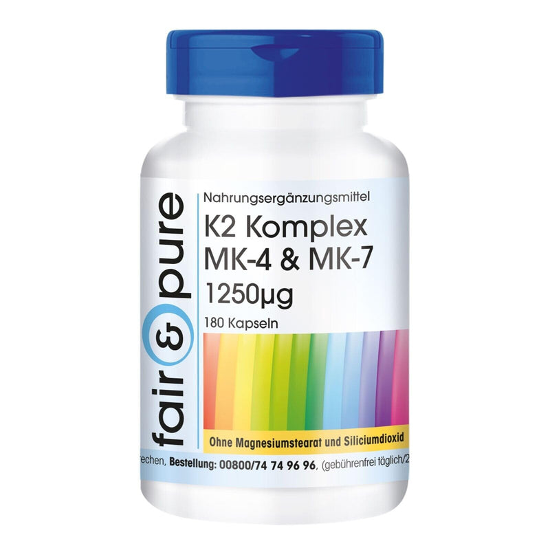 [Australia] - Fair & Pure® - K2 complex 1250mcg MK-4 & MK-7-180 capsules - vegan - high-dose vitamin K2 - MK7 - without magnesium stearate - menaquinone MK-4 and menaquinone MK-7 