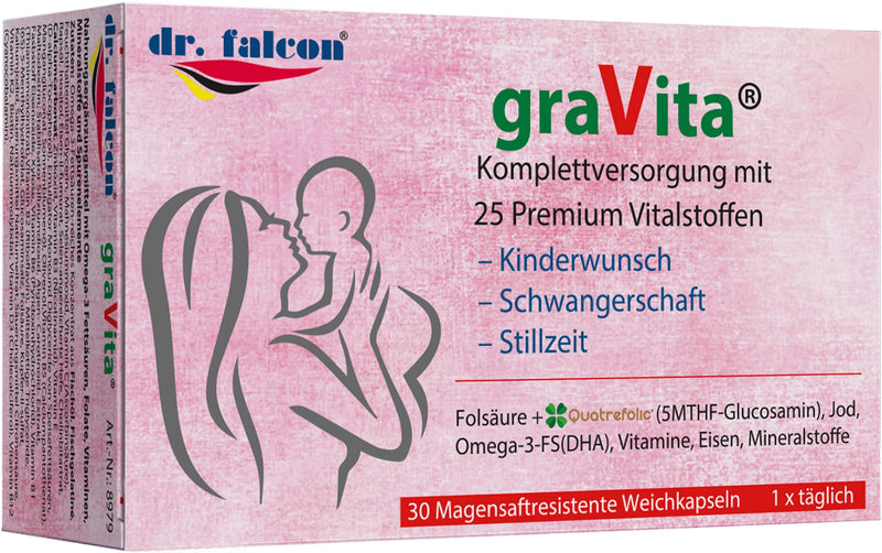 [Australia] - dr. falcon graVita – 25 nutrients for the desire to have children, pregnancy and breastfeeding - 30 capsules | contains folic acid, quatrefolic, omega-3, DHA, vitamin D3 + K2, iodine, iron, selenium 