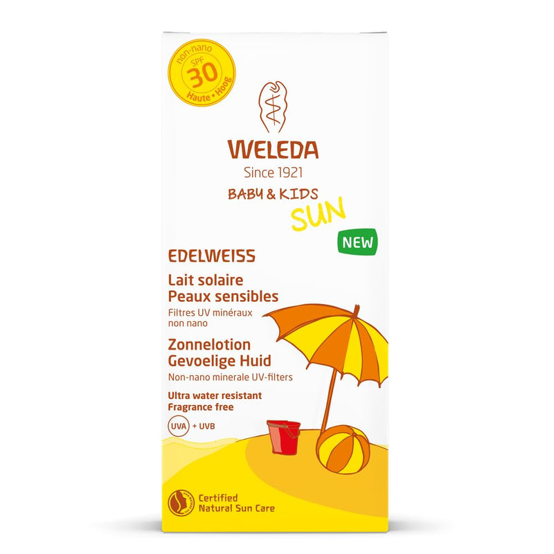 [Australia] - WELEDA Baby and Kids Edelweiss Sensitiv Sun Milk SPF 30, instant natural cosmetic sun protection with UV filters for babies, children and sensitive skin, perfume-free and waterproof (1 x 150 ml) 150 ml (pack of 1) 