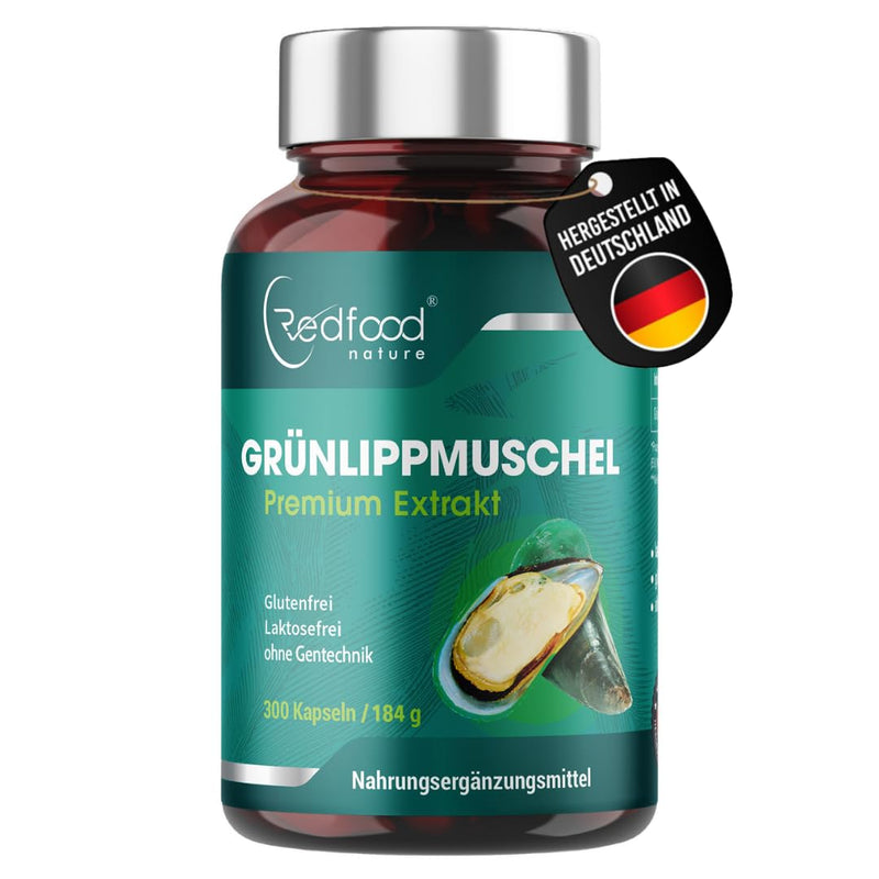 [Australia] - GREEN LIP MUSSEL PREMIUM CAPSULES 1500 MG GREEN LIP MUSSEL POWDER PER PORTION HIGH DOSE XXL CAN 300 CAPSULES 5 - 3 MONTH SUPPLY WITHOUT MAGNESIUM STEARATES MADE IN GERMANY BY REDFOOD 