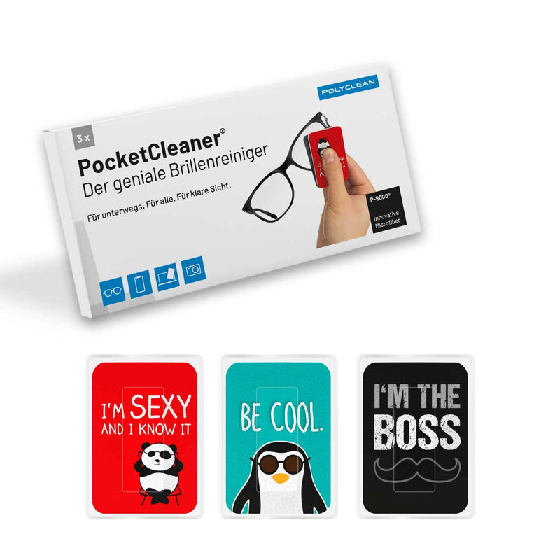 [Australia] - POLYCLEAN 3X PocketCleaner® glasses cleaning cloths - practical glasses cleaning cloth and display cleaner - microfiber cloth made in Germany (12x4 cm, 3 pieces, sayings) - screen cleaner screen cleaner 