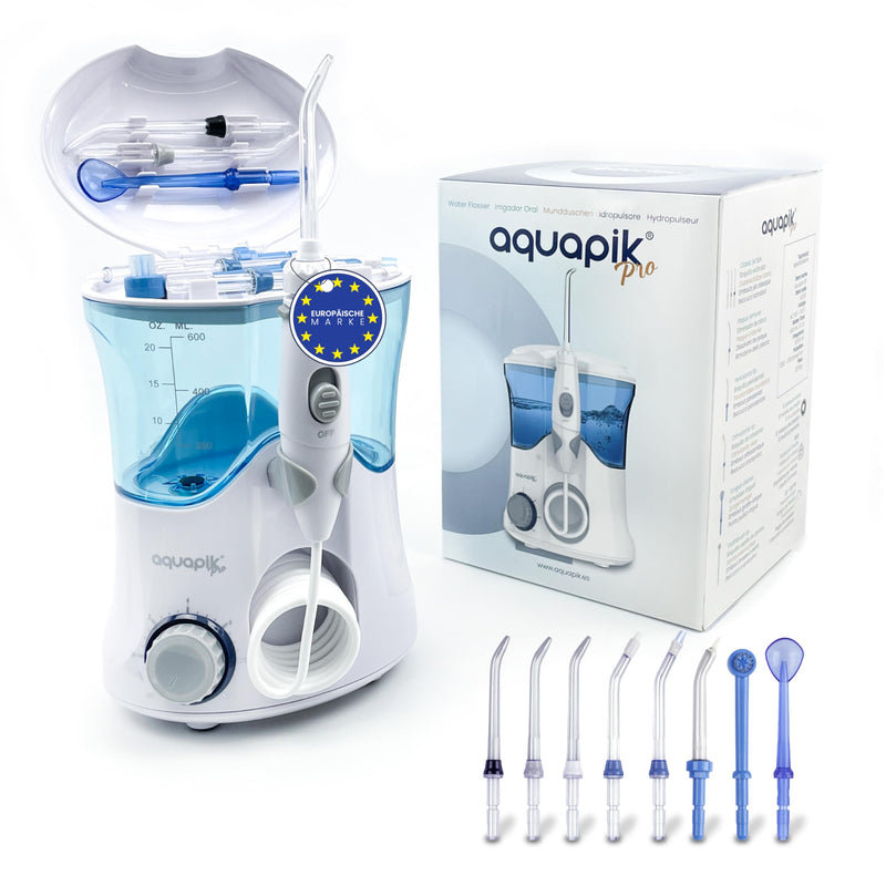 [Australia] - Aquapik® PRO Professional Oral Irrigator | Removes plaque + Recommended by dentists + Cares for your implants and braces | Oral irrigator with 8 nozzles + 10 pressure levels + 600 ml capacity white 