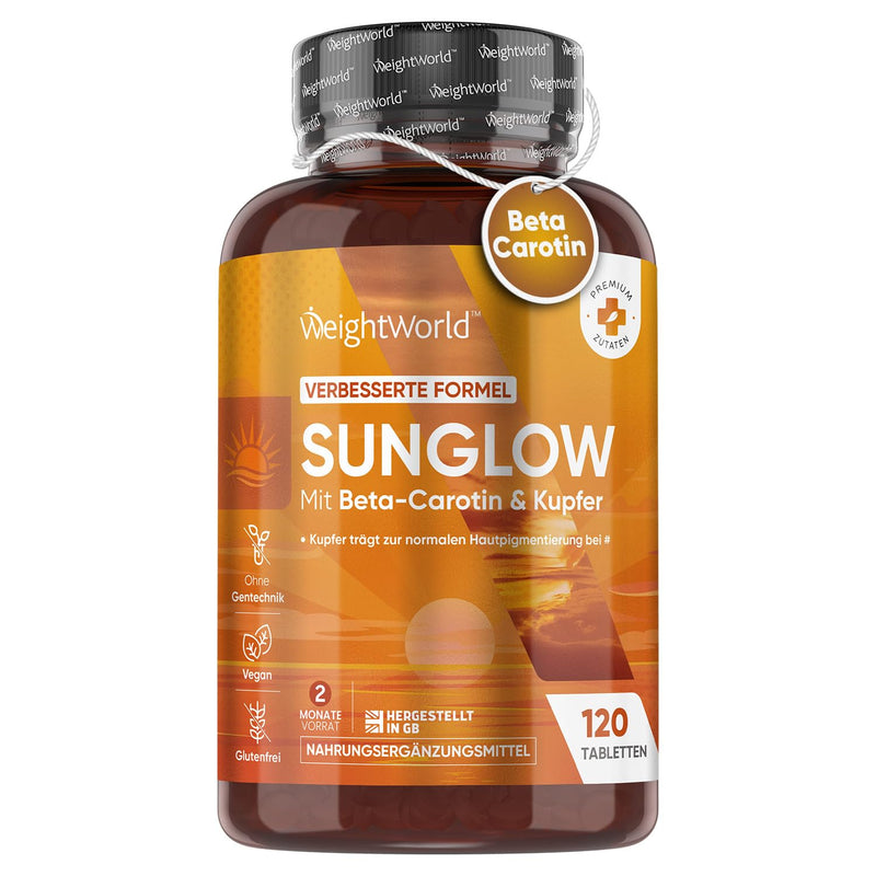 [Australia] - Sunglow Beta Carotene Complex as a tanning accelerator - 120 tablets - Vegan alternative to tanning capsules - For skin pigmentation & oxidative stress with copper, zinc, iodine, vitamin A, B3 & B2 