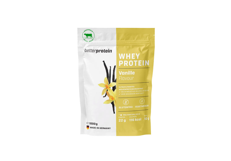 [Australia] - Whey Protein - Vanilla 1 kg - Produced in Germany from regional milk - BetterProtein® - Protein powder for building muscle and losing weight - Bag 