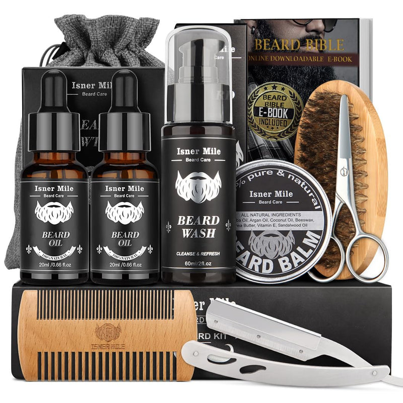[Australia] - Upgraded beard care set for men, beard growth care and trimming with hair conditioner, beard oil, beard balm, butter wax, beard brush, beard comb, beard scissors, best perfect gift light orange 