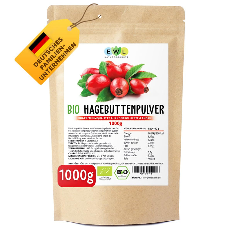 [Australia] - 1kg organic rosehip powder | Whole ground rose hip | Rosehip powder from controlled cultivation | Raw food quality | Controlled and bottled in Germany 
