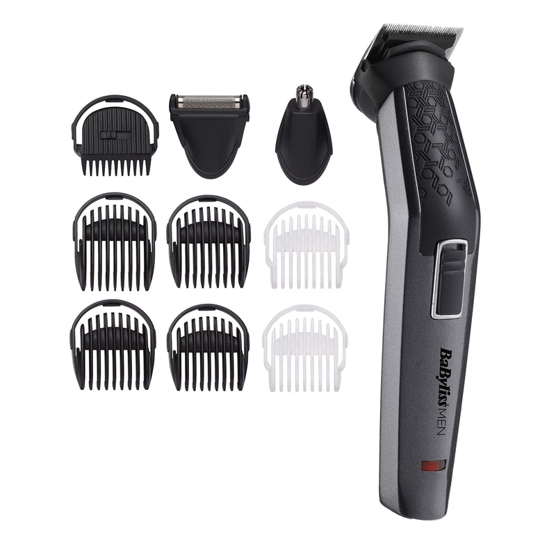[Australia] - BaByliss Men 10-in-1 Carbon Titanium Multi-Grooming Trimmer Kit washable for body, beard and nose hair incl. storage bag, black gray MT727E 