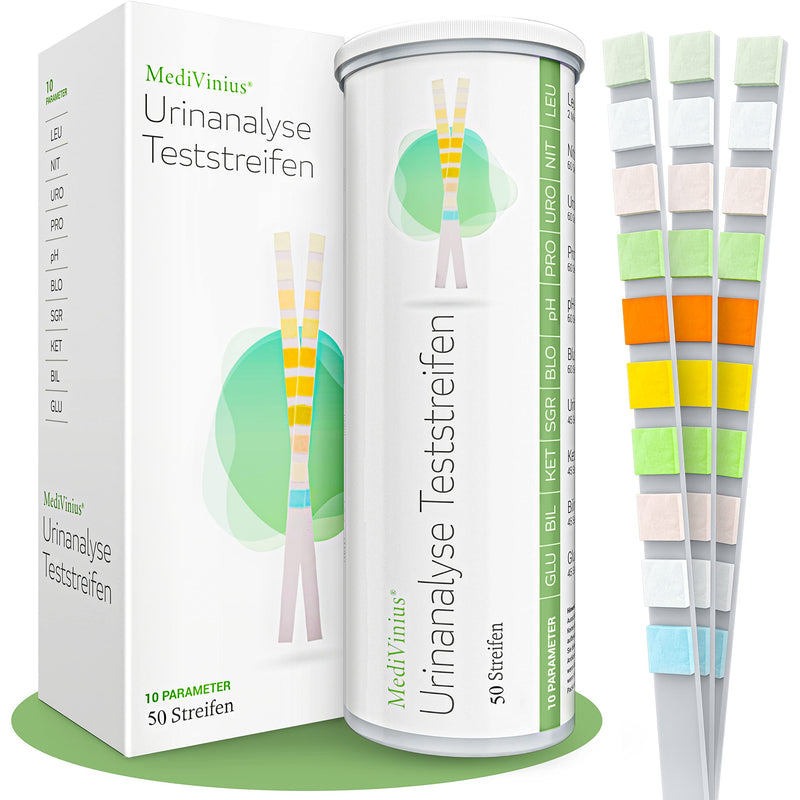 [Australia] - 50x MediVinius® urine analysis test strips | 10 parameters urine test strips for leukocytes, nitrite, urobilinogen, protein, pH, blood, specific gravity, ketone, bilirubin and glucose 