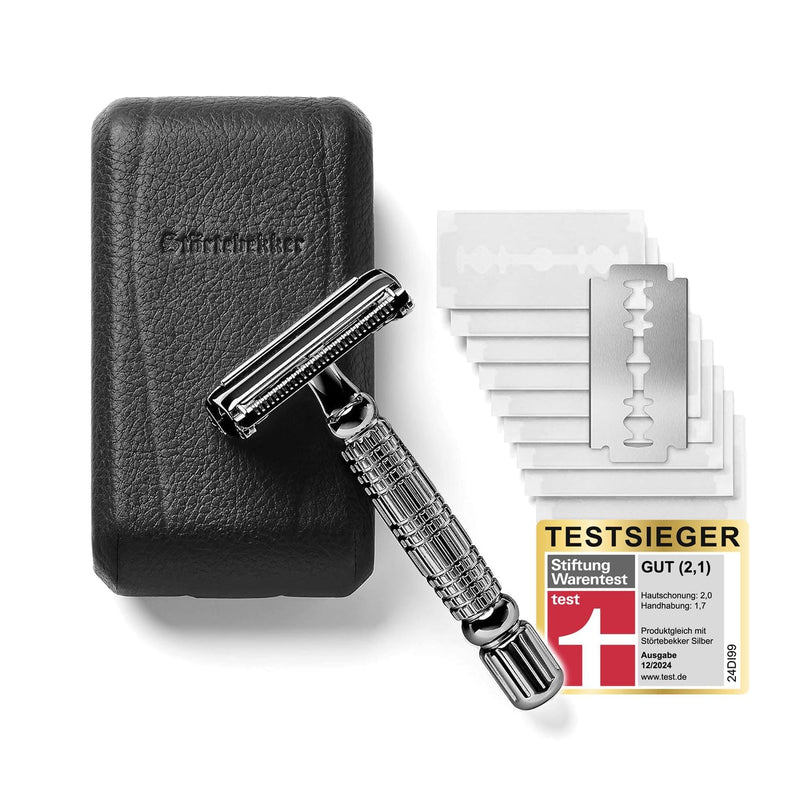[Australia] - Störtebekker® Premium safety razor 'Hamburg' in a handmade leather case - *TESTS WINNER* Stiftung Warentest (12/2024) - Shaving set with 10 razor blades, travel case & built-in mirror - wet razor black - black 