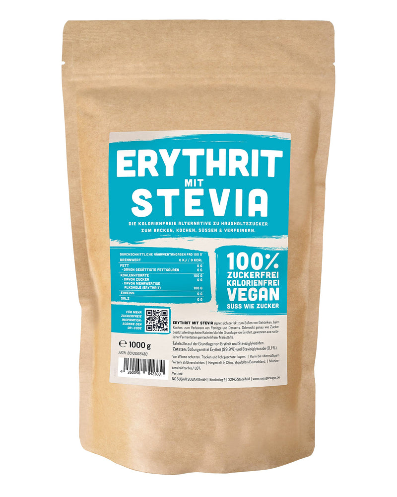 [Australia] - Erythritol + Stevia natural sugar substitute without calories 1:1 sweetness compared to sugar, without taste, healthy alternative for cooking, baking, sweetening (1 kg Doypack) 