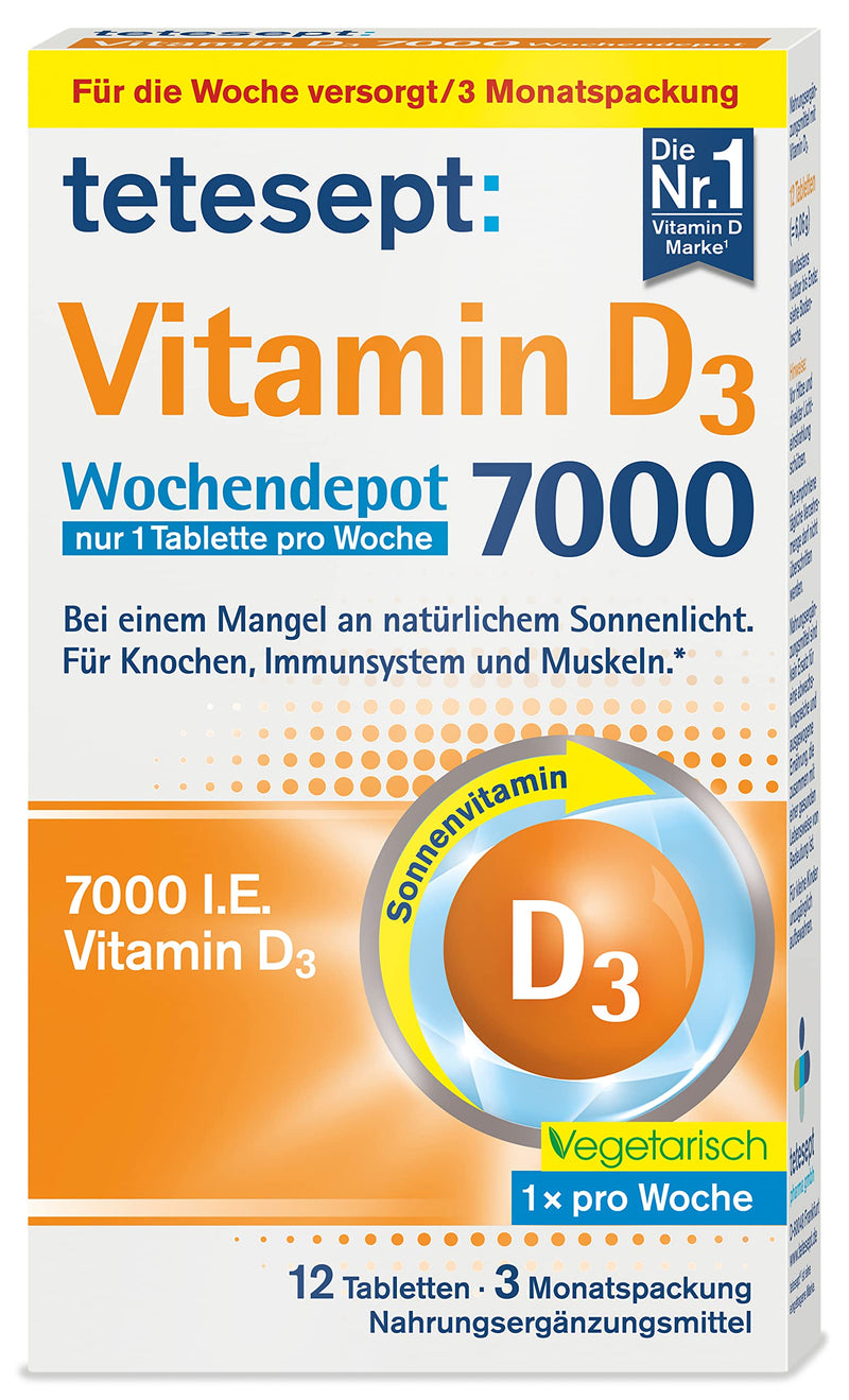 [Australia] - tetesept Vitamin D3 7000 weekly depot - vitamin D tablets for a lack of natural sunlight - dietary supplement for bones, immune system and muscles - 1 x 12 tablets 6.06 g (pack of 1) 