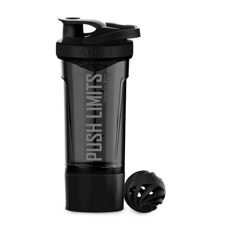 [Australia] - Artoid Mode Motivational Sports Mixer 720ml Shaker for Egg White/Protein, with Strainer Spiral Ball 200ml Storage Box & Handle, Drinking Bottle for Gym Fitness Powder Nutritional Supplements BPA Free Black/Grey 